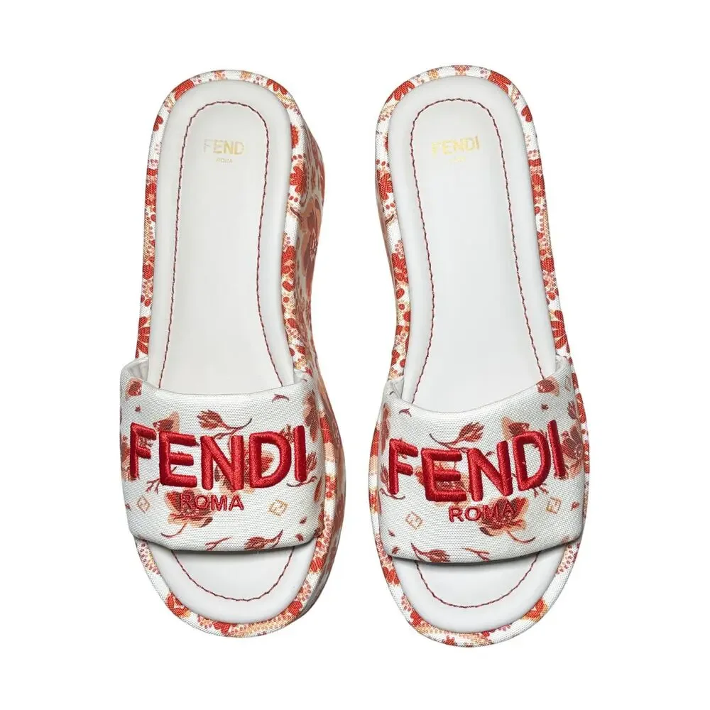 Fendi Camelia Sunshine Bandana Red Canvas Platform Slide Sandals EU 38.5